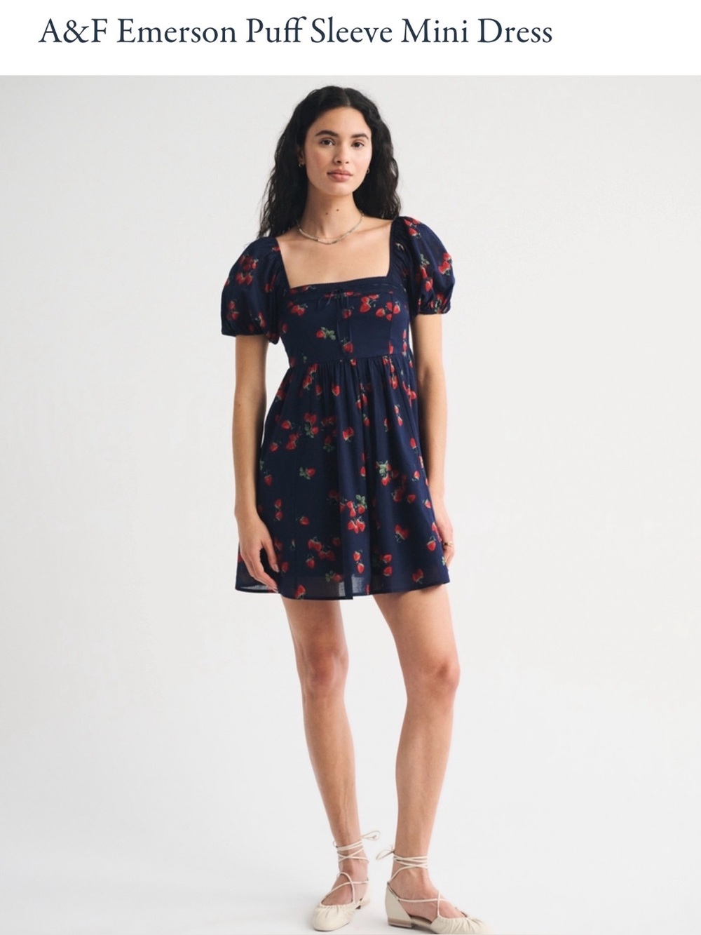 Abercrombie & Fitch Emerson Puff Sleeve Mini Dress Navy Strawberry Size L